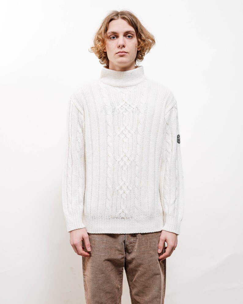 Vintage Y2k Preppy White High Neck Cable Knit Jumper Men L