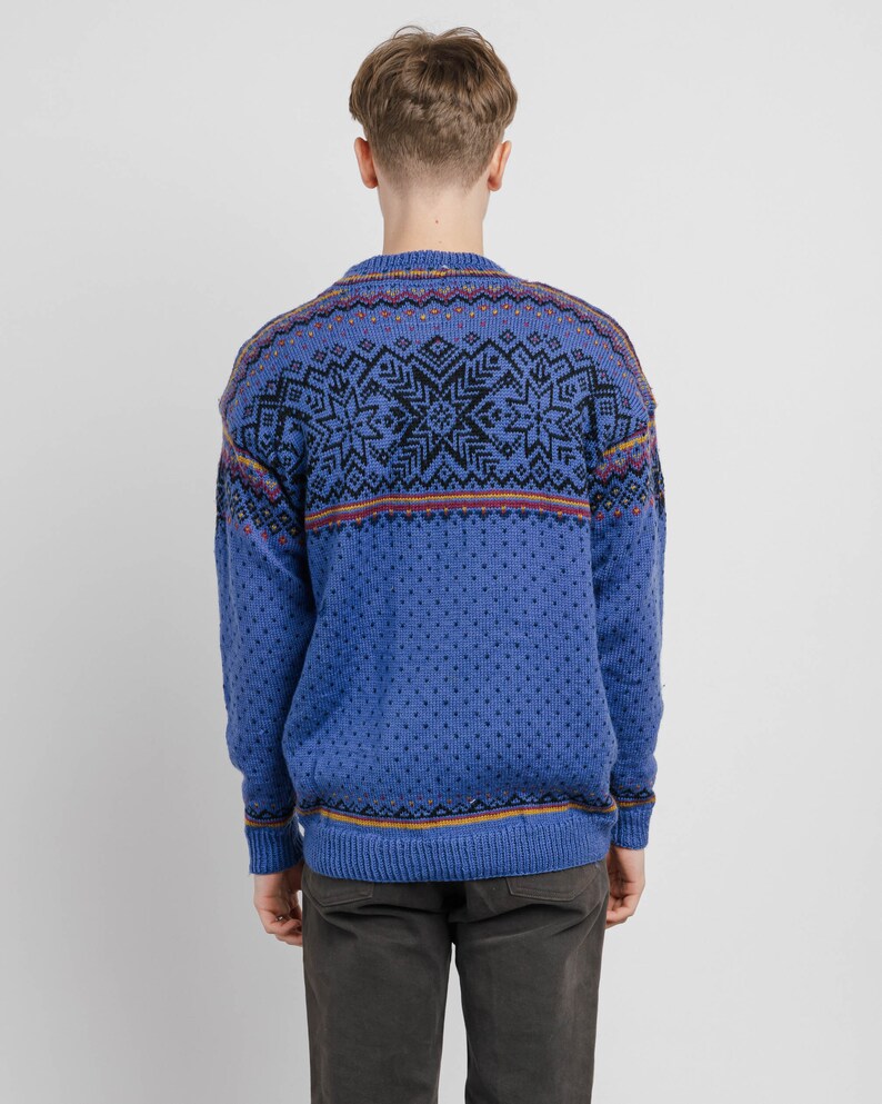 Vintage 80s Nortic Pattern Blue Knit Handmade Jumper Unisex