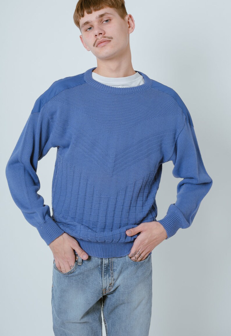 Vintage Minimal Round Neck Cotton Sweater in Blue Knit XS/S