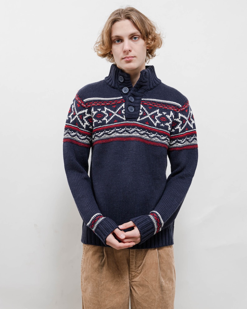 Vintage 90s Nordic Blue Half Button High Neck Knit Jumper