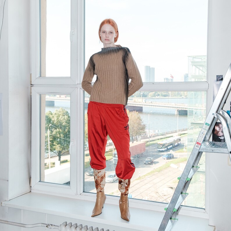 Vintage Y2K reworked ribbed rave jumper in beige & black