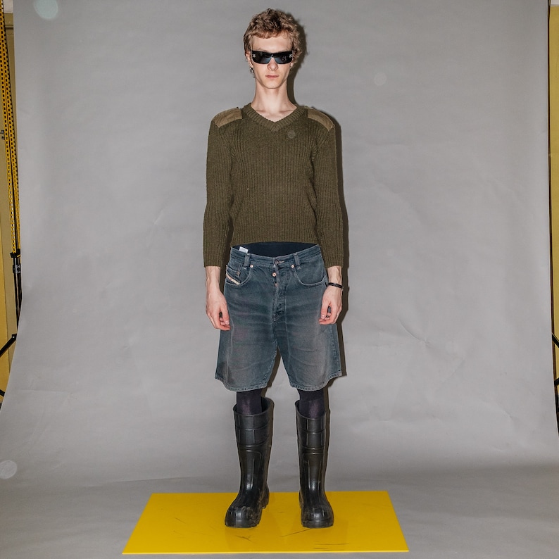 90s Vintage slim fit warm ribbed jumper in army green