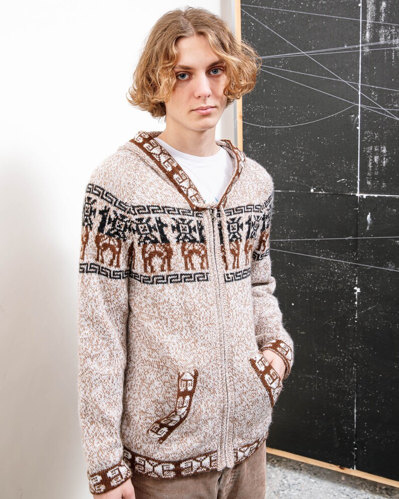 Vintage 90s Hippie Lamma Hooded Soft Zip Up Knit Cardigan S