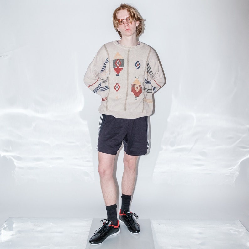 90s Vintage geometric print simple jumper in toasted almond