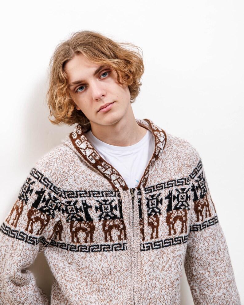 Vintage 90s Hippie Lamma Hooded Soft Zip Up Knit Cardigan S