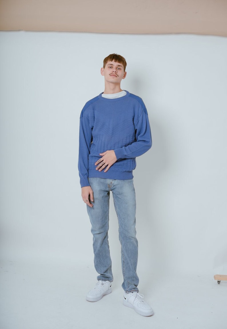 Vintage Minimal Round Neck Cotton Sweater in Blue Knit XS/S