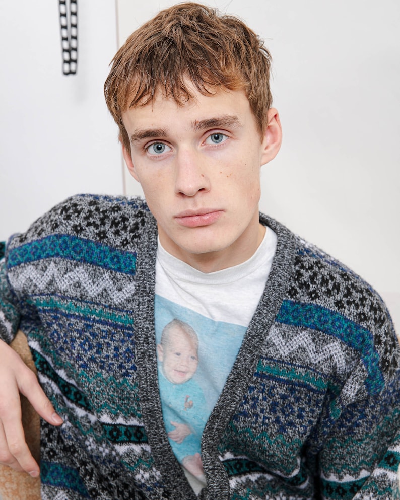 Vintage 80s Grandad Geometric V Neck Button Up Cardigan M