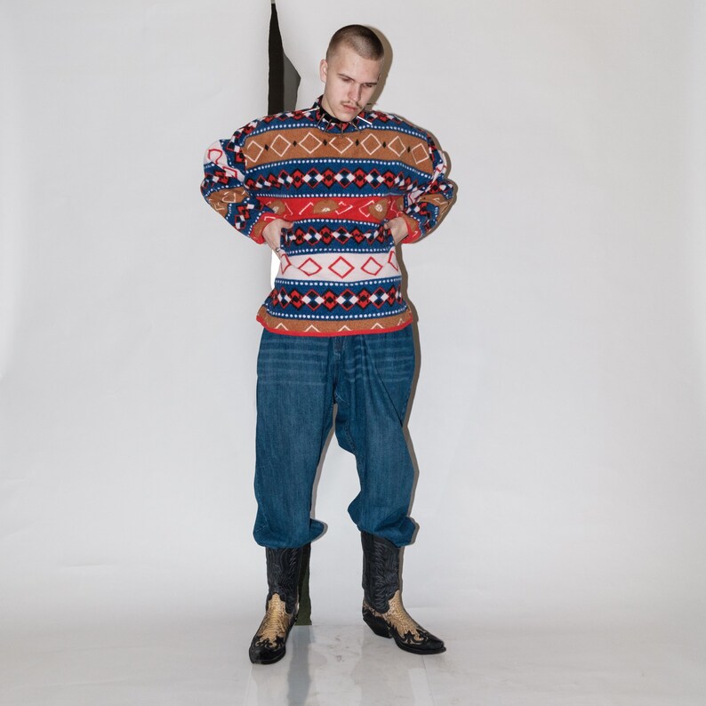 90s Vintage geometric Nordic print warm fleece jumper