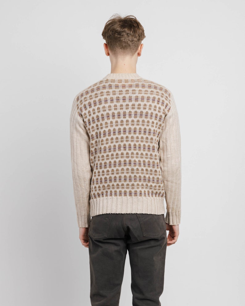 Vintage 80s Abstract Pattern Roundneck Cream Men Jumper S