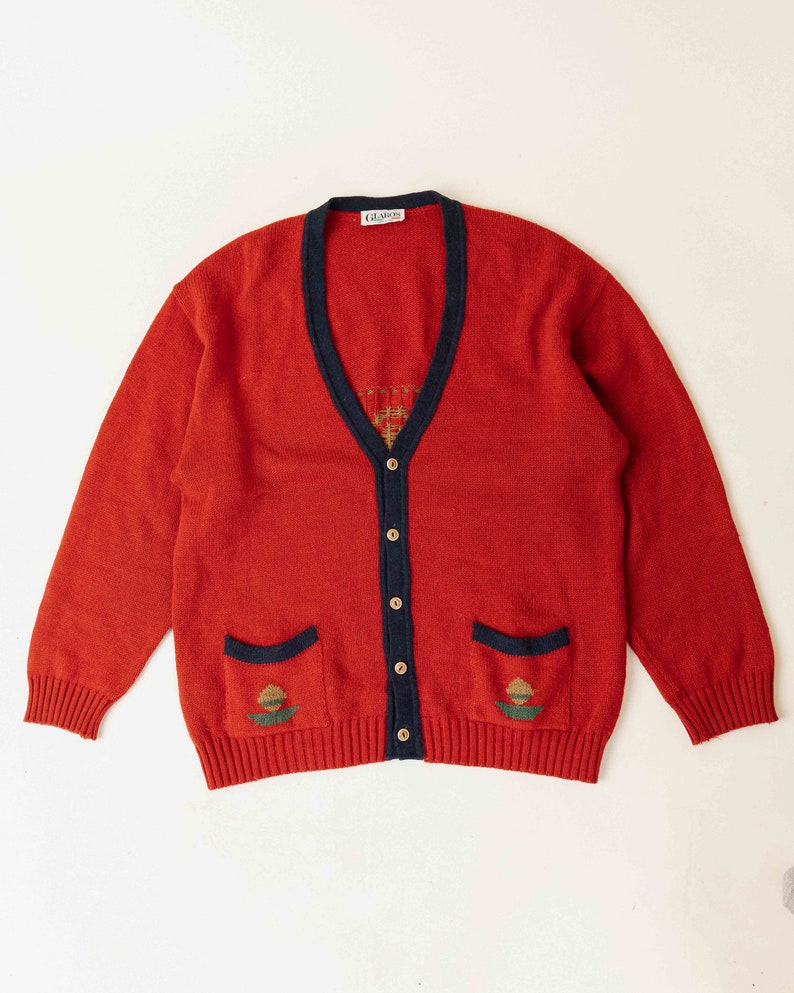 Vintage 80s Aztec Preppy Red Button Up V Neck Cardigan Man