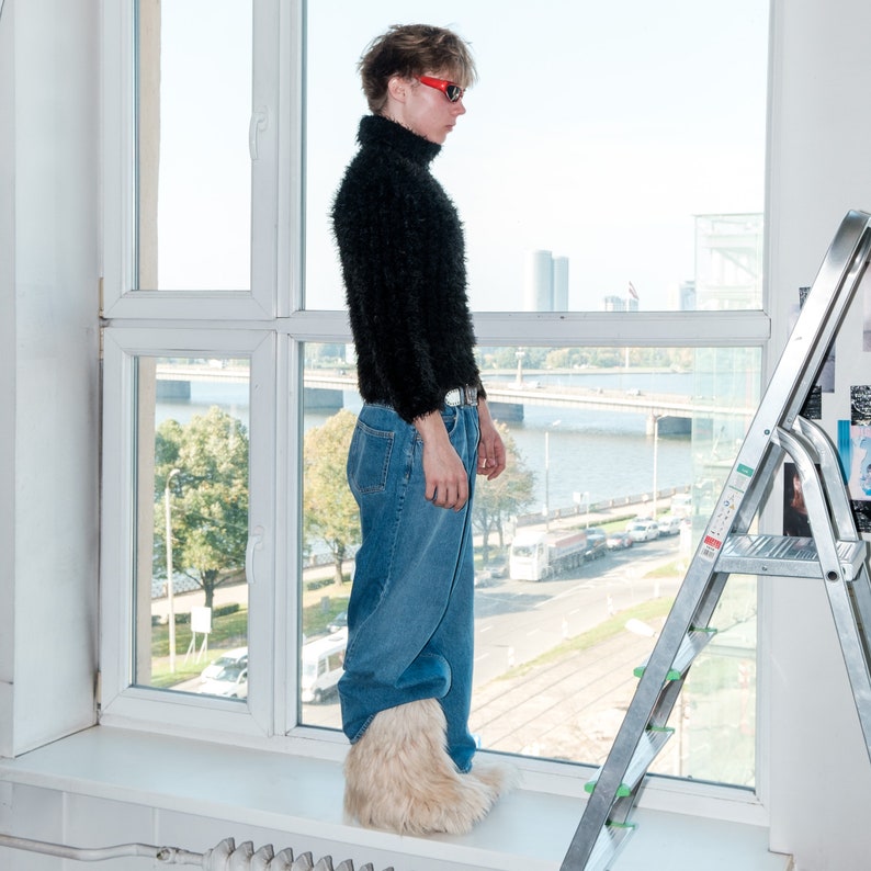 90s Vintage fluffy eyelash yarn turtleneck jumper in black