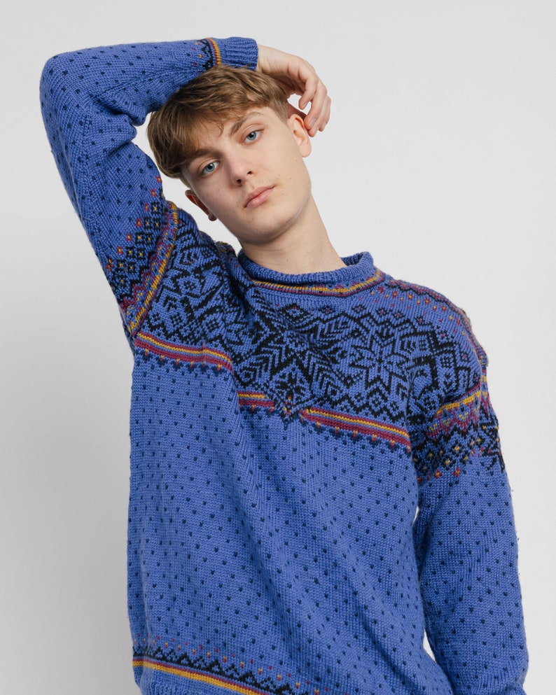 Vintage 80s Nortic Pattern Blue Knit Handmade Jumper Unisex