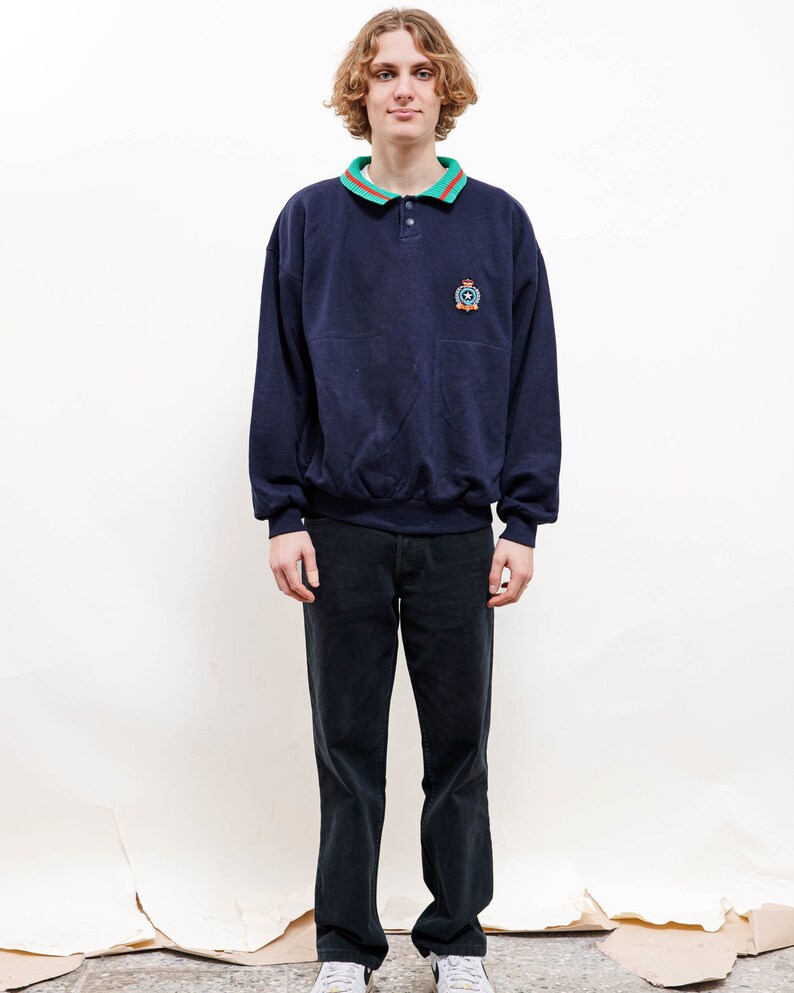 Vintage 80s Relaxed Navy Blue Crown Half Button Sweatshirt M