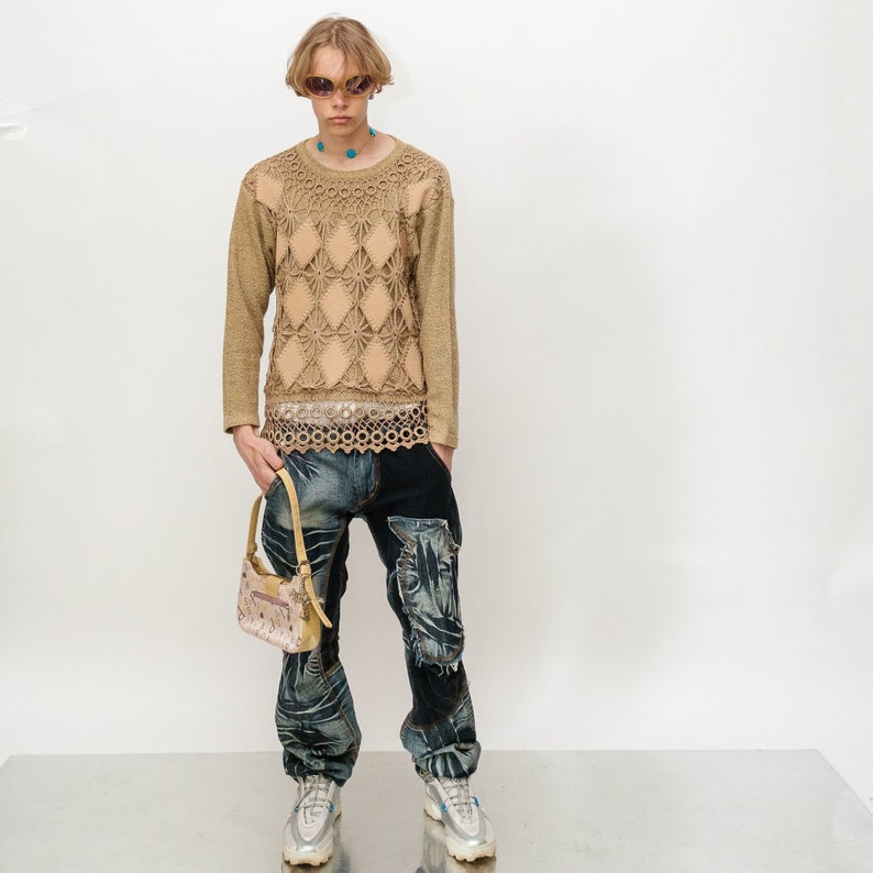 Vintage Y2K sexy argyle pattern crochet jumper in tan