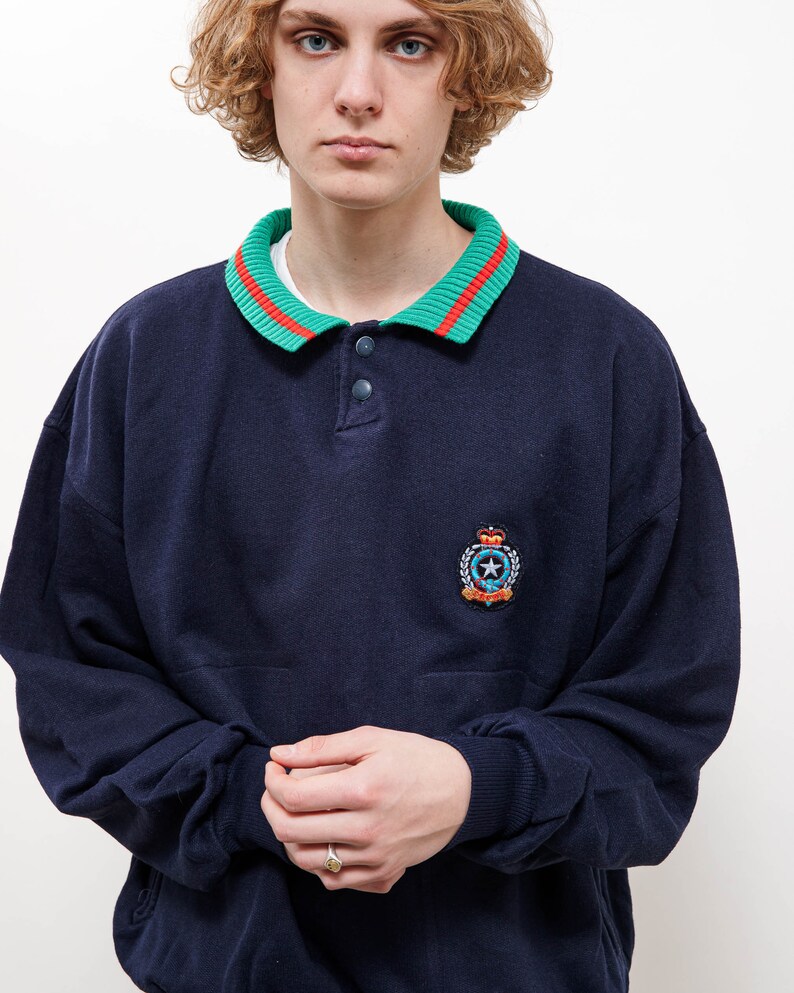 Vintage 80s Relaxed Navy Blue Crown Half Button Sweatshirt M