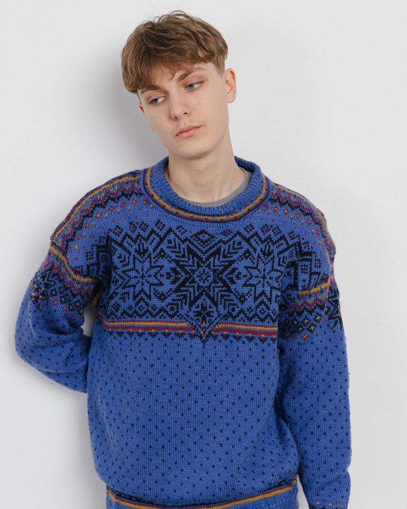 Vintage 80s Nortic Pattern Blue Knit Handmade Jumper Unisex