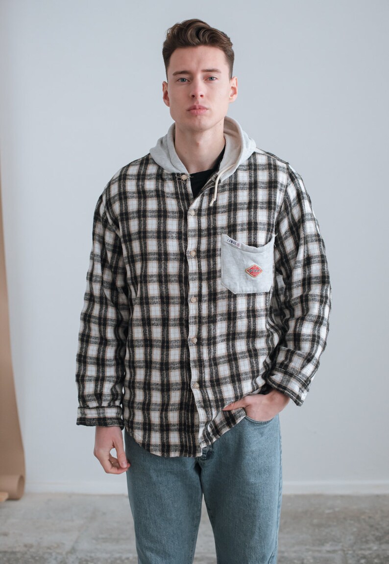 Vintage 90s Grunge Plaid Hooded Shirt Jacket Unisex L/XL