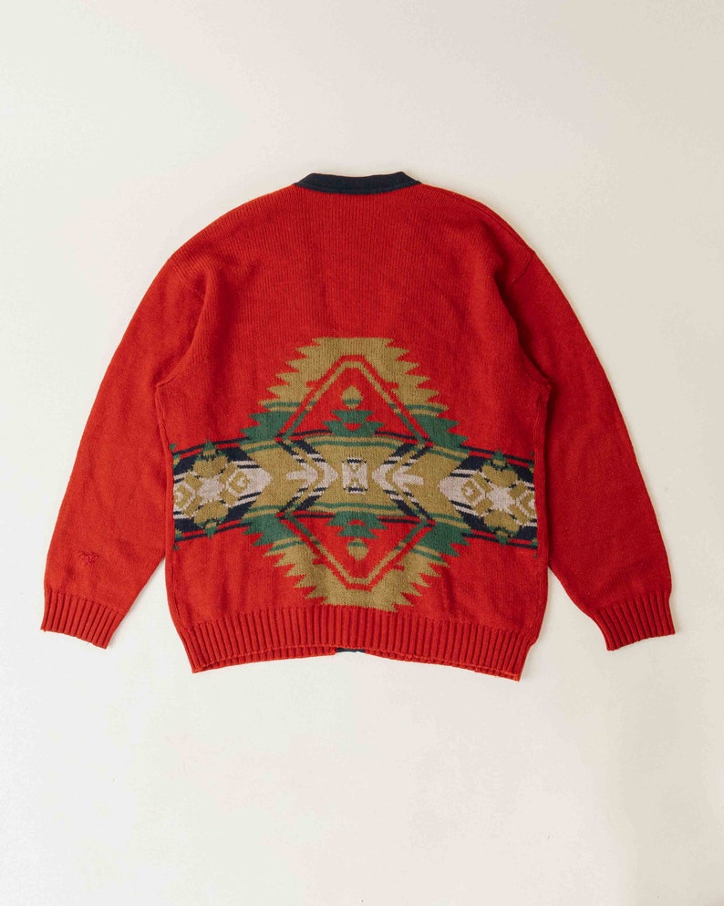 Vintage 80s Aztec Preppy Red Button Up V Neck Cardigan Man