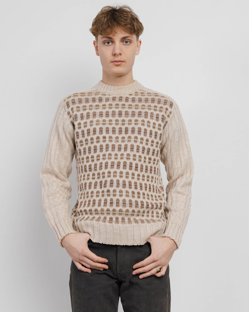 Vintage 80s Abstract Pattern Roundneck Cream Men Jumper S