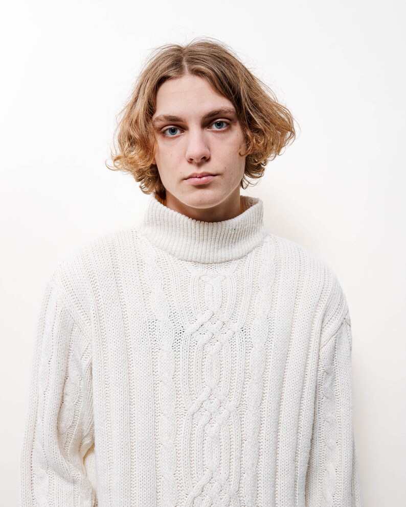 Vintage Y2k Preppy White High Neck Cable Knit Jumper Men L