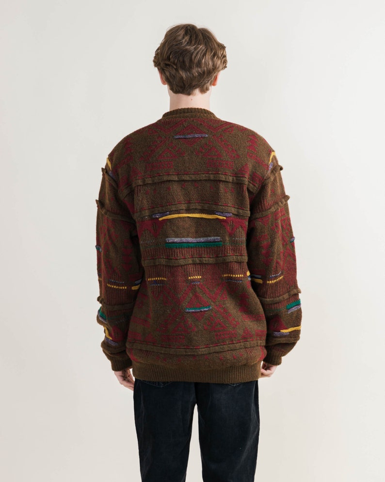 Vintage 80s Lined Brown Crazy Pattern Cardigan Jacket XL