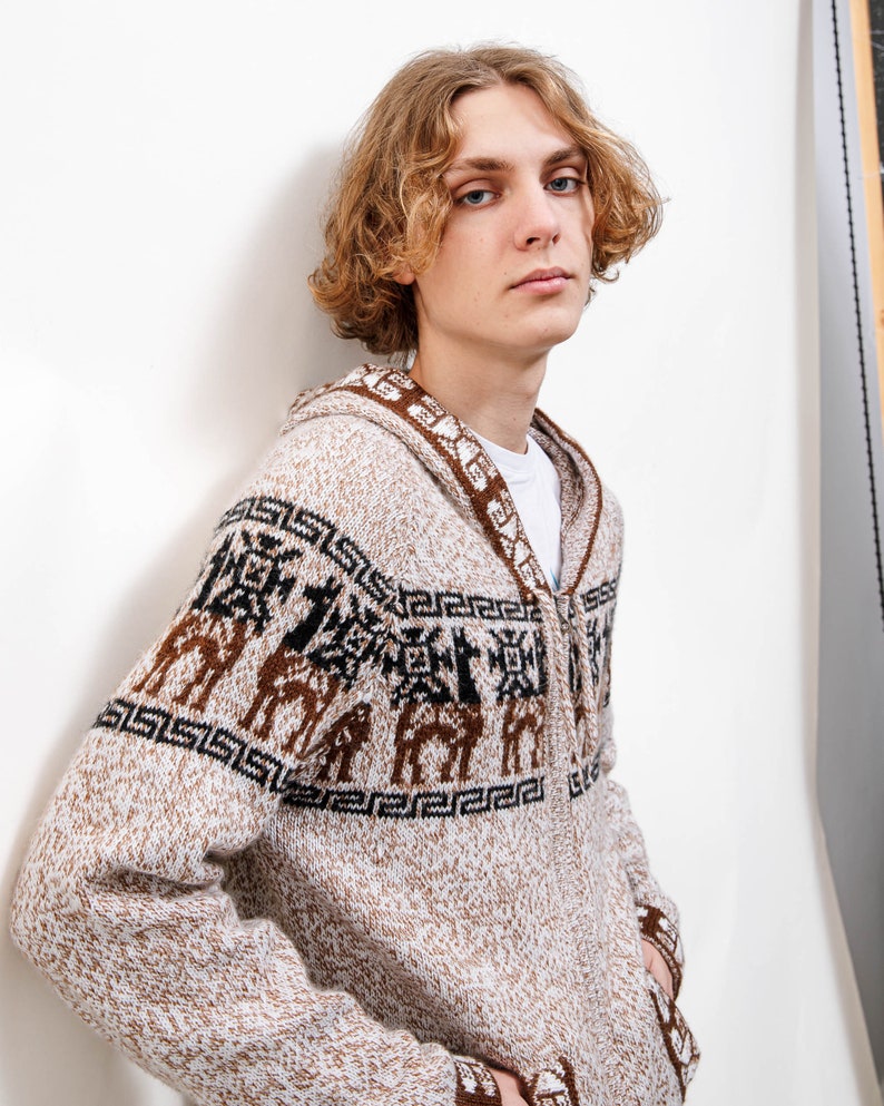 Vintage 90s Hippie Lamma Hooded Soft Zip Up Knit Cardigan S