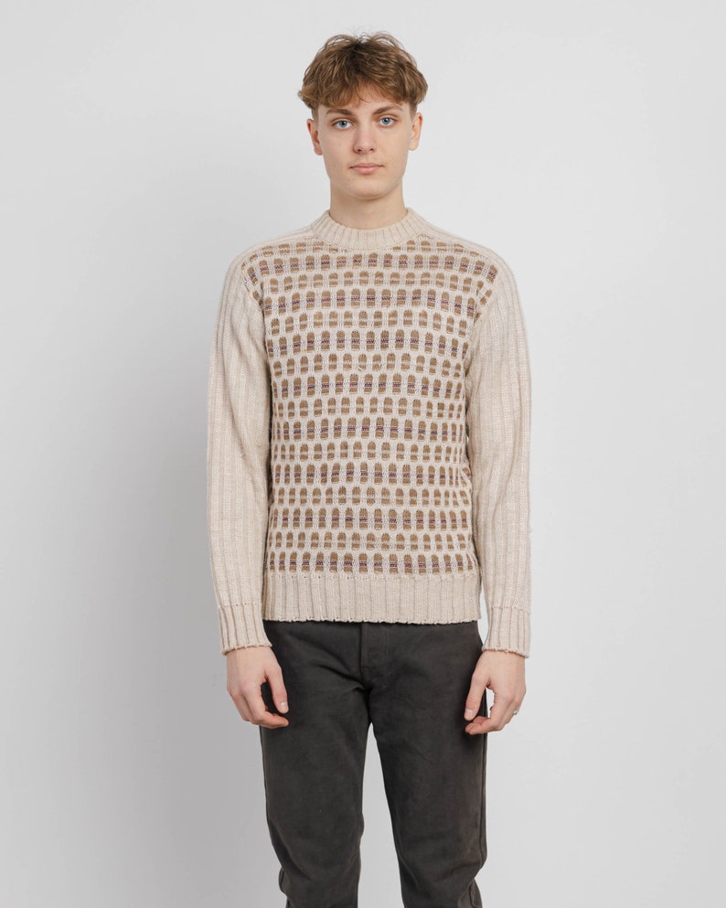 Vintage 80s Abstract Pattern Roundneck Cream Men Jumper S