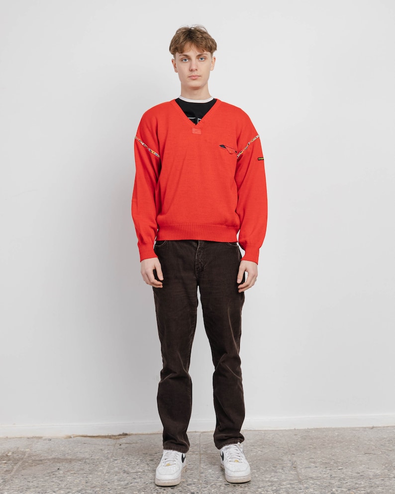 Vintage 80s V-neck Wool&Acrylic Boxy Red Knit Jumper Unisex