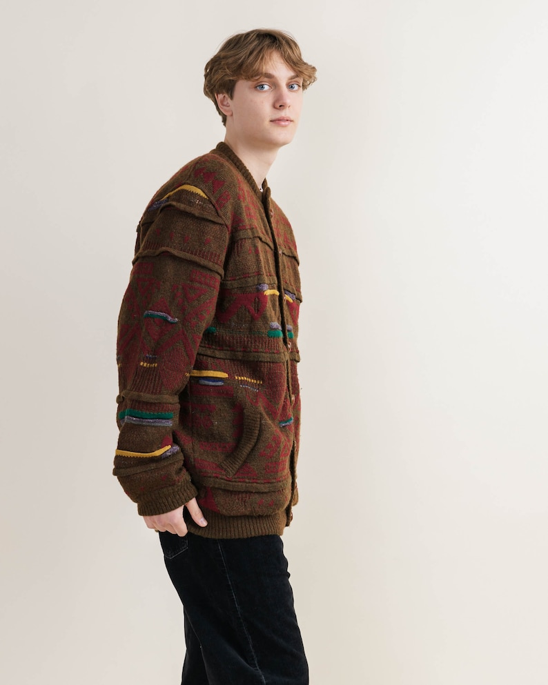 Vintage 80s Lined Brown Crazy Pattern Cardigan Jacket XL