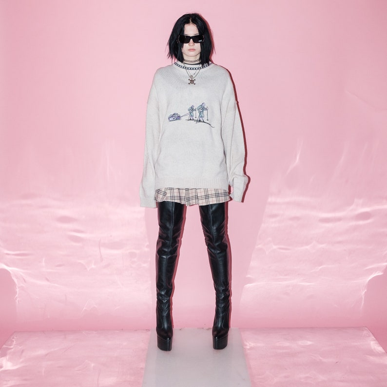 90s Vintage retro skiers embroidery jumper in off-white