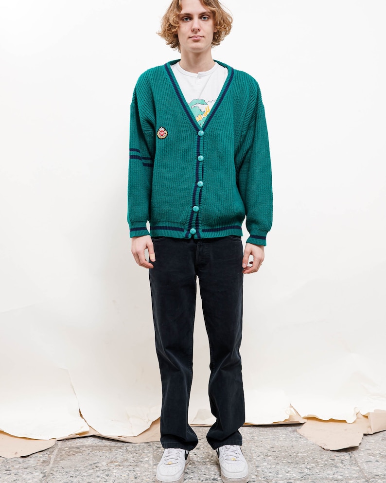 Vintage 90s Preppy Green V Neck Button Up Knit Cardigan M