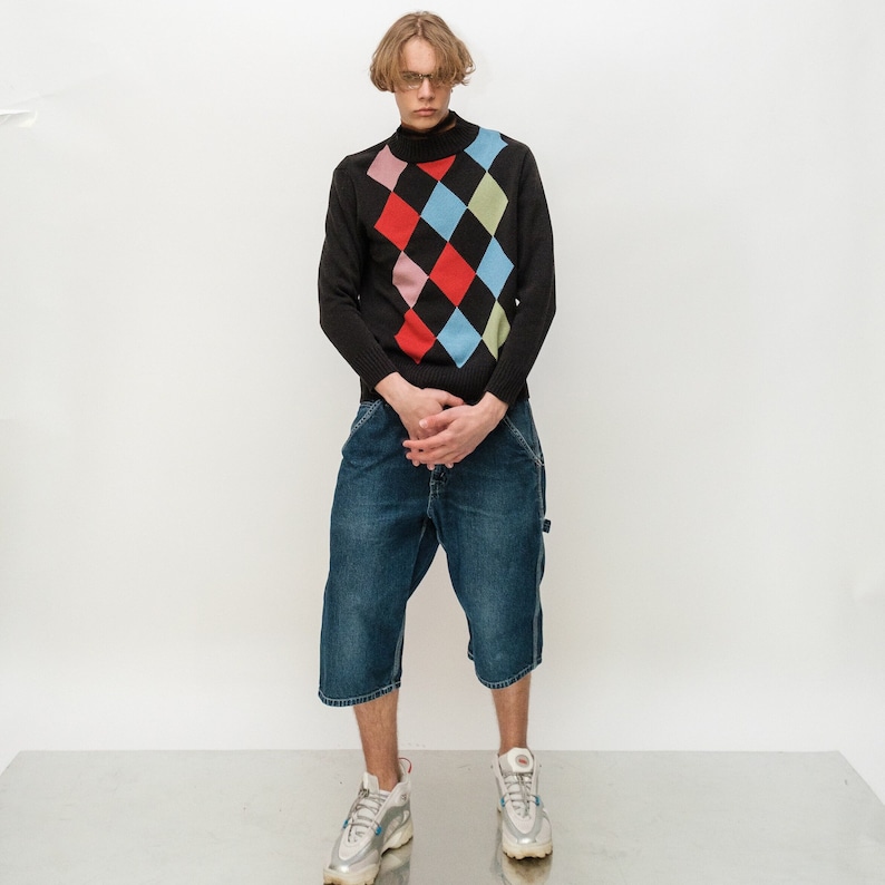 90s Vintage posh argyle print jumper in multicolors/black