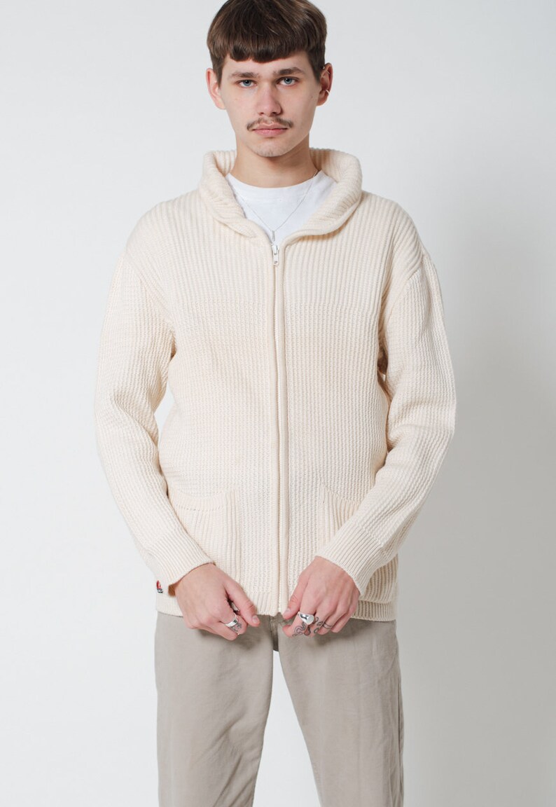 Vintage 90s Preppy Zip Up Wool Cardigan in Cream Unisex
