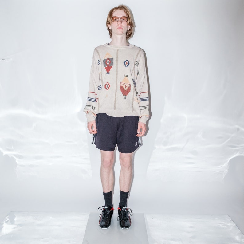 90s Vintage geometric print simple jumper in toasted almond