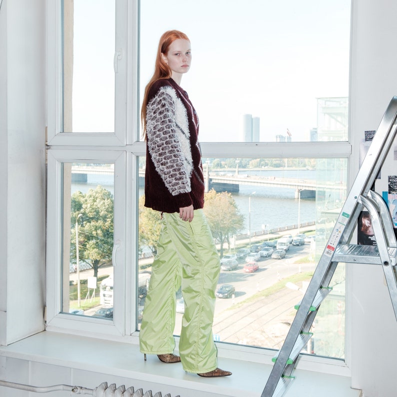 90s Vintage cute fluffy sleeves cardigan in brown & white
