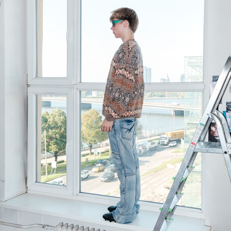 90s Vintage abstract print granpa jumper in earth tones