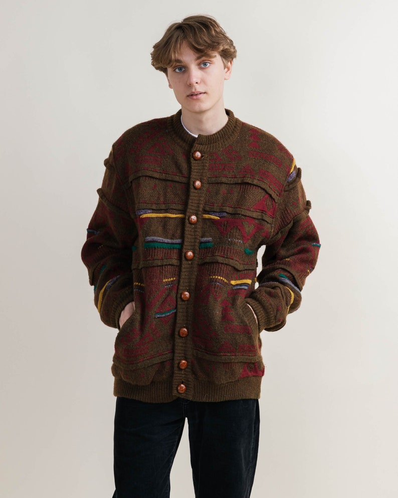 Vintage 80s Lined Brown Crazy Pattern Cardigan Jacket XL