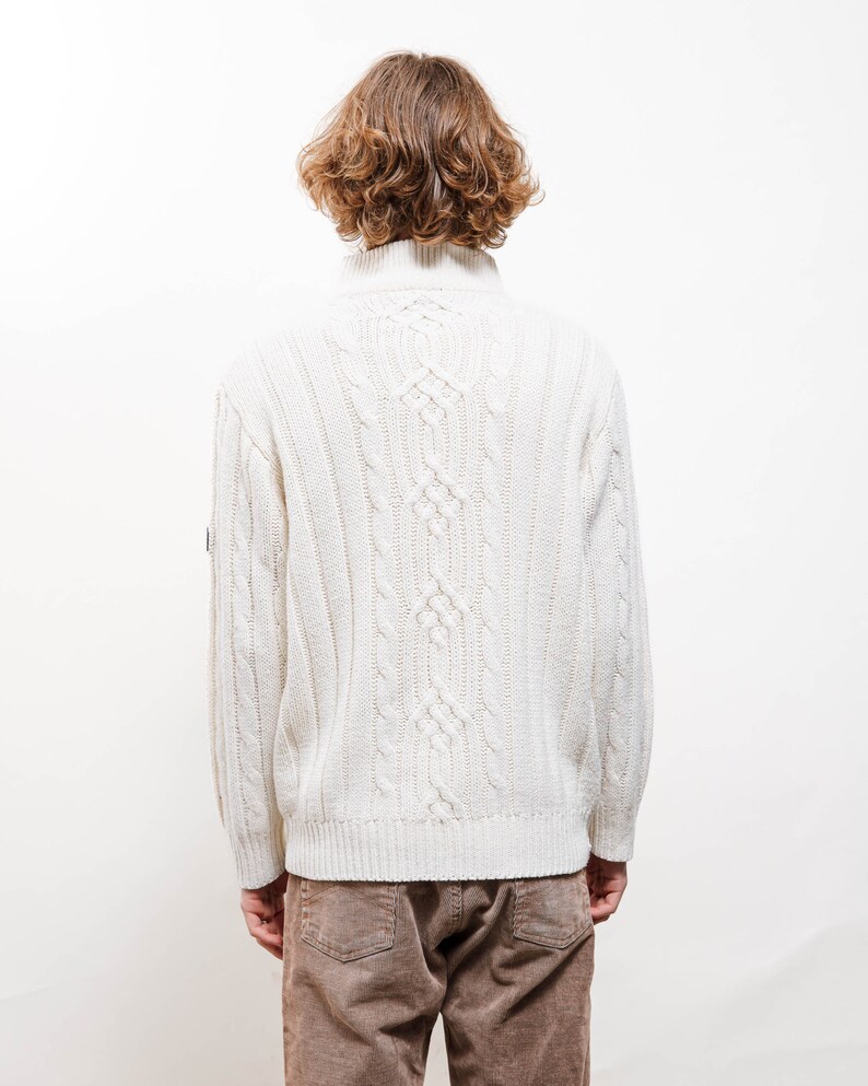 Vintage Y2k Preppy White High Neck Cable Knit Jumper Men L