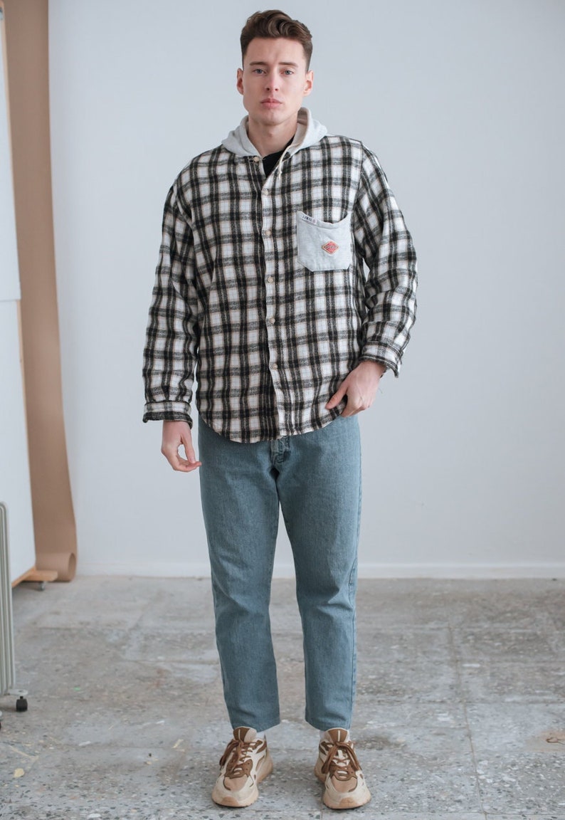 Vintage 90s Grunge Plaid Hooded Shirt Jacket Unisex L/XL