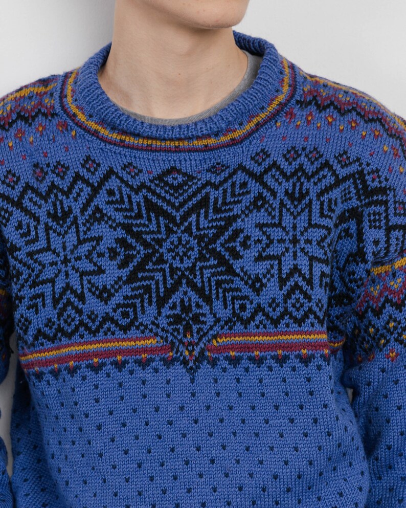Vintage 80s Nortic Pattern Blue Knit Handmade Jumper Unisex