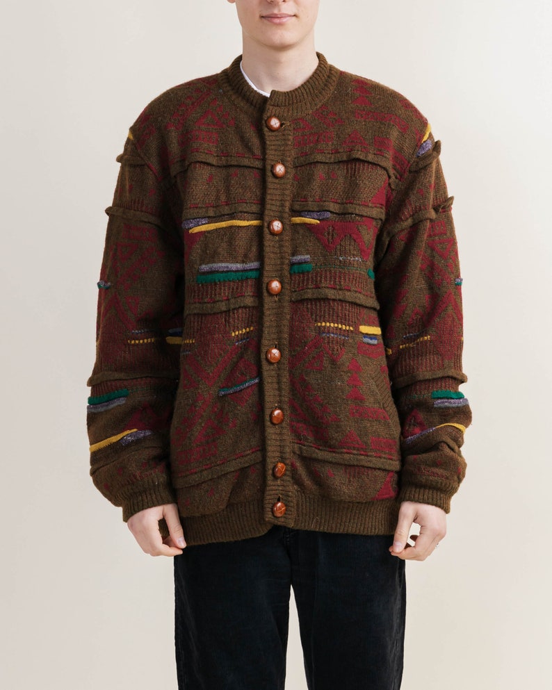 Vintage 80s Lined Brown Crazy Pattern Cardigan Jacket XL