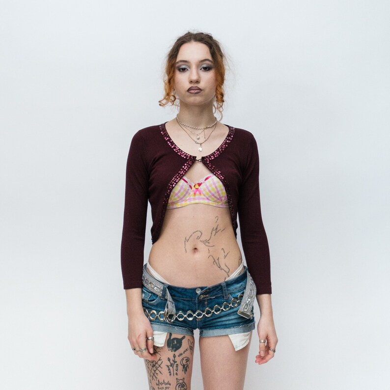 90s Vintage retro embellished tiny cardigan in burgundy
