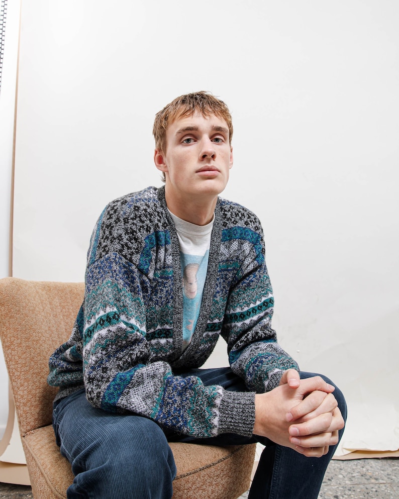 Vintage 80s Grandad Geometric V Neck Button Up Cardigan M