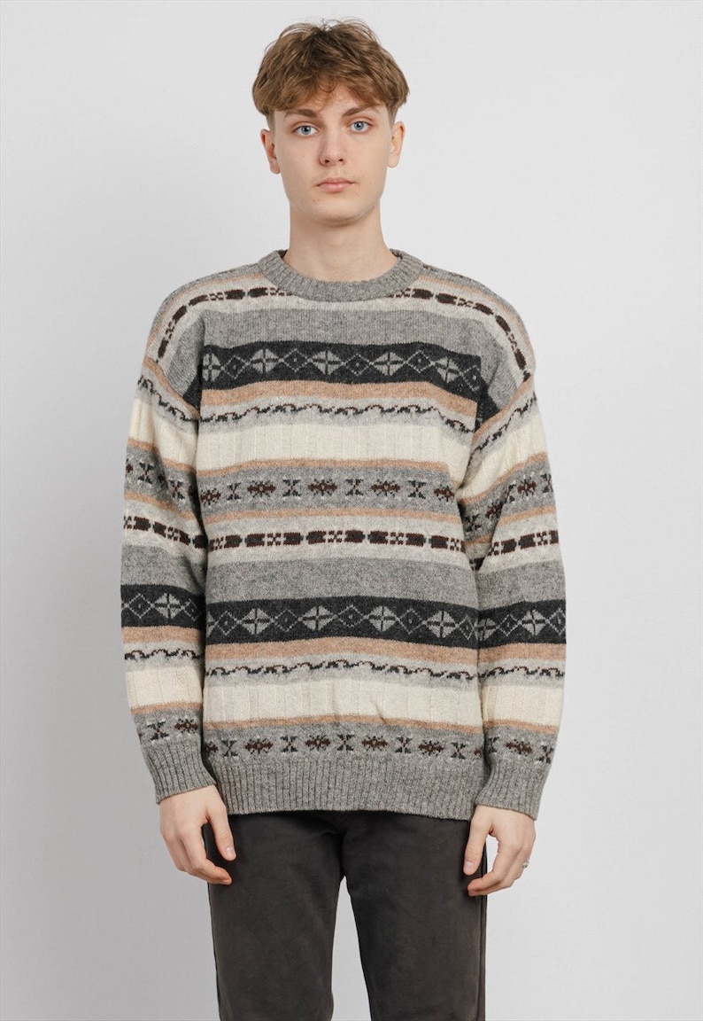 Vintage 90s Fair Isle Crew Neck Knit Wool Jumper Men M/L