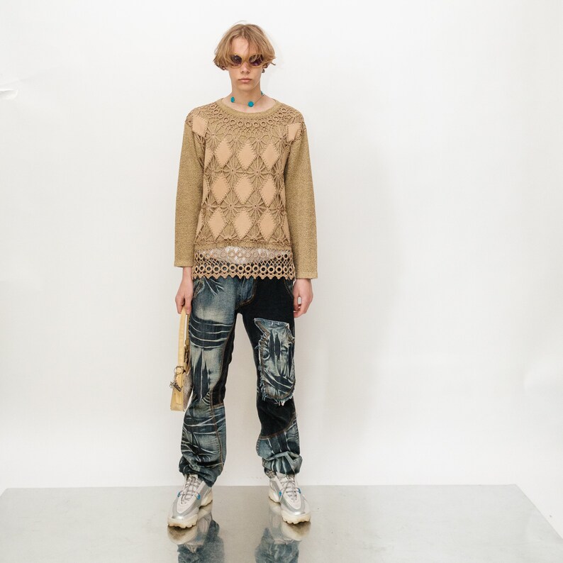 Vintage Y2K sexy argyle pattern crochet jumper in tan