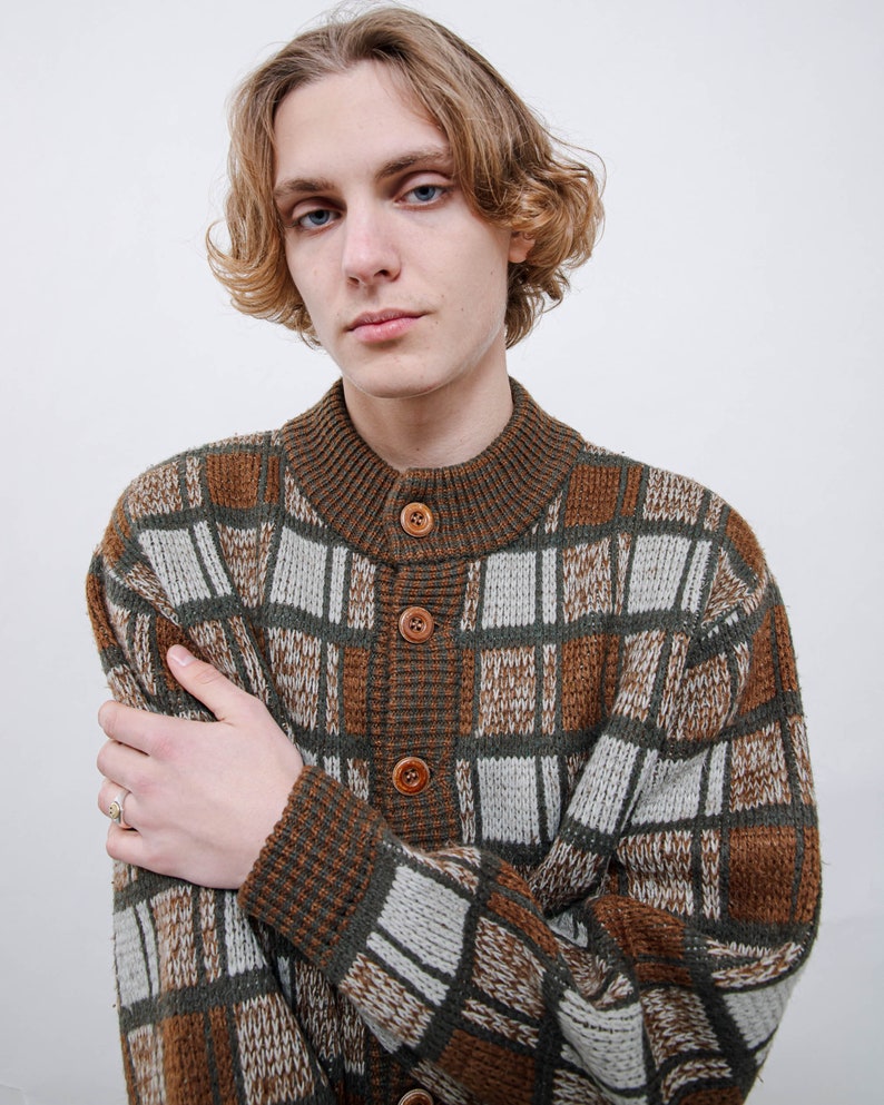 Vintage 90s Boho Check Round Neck Button Up Cardigan Men L