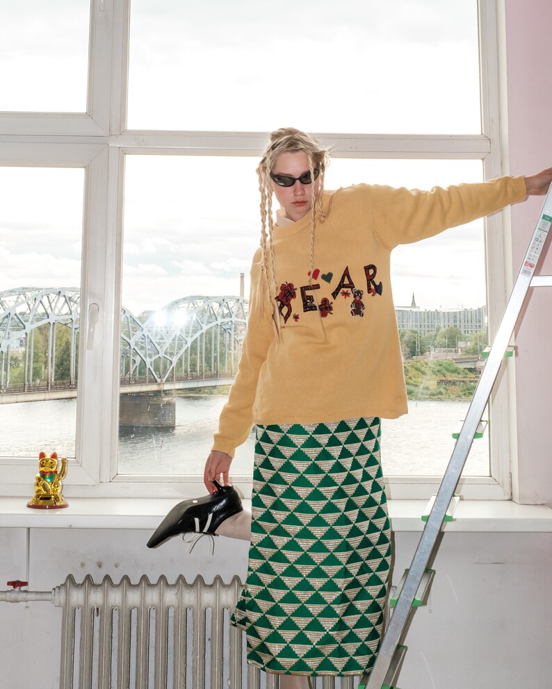 90s Vintage adorable bear patchwork jumper in yellow