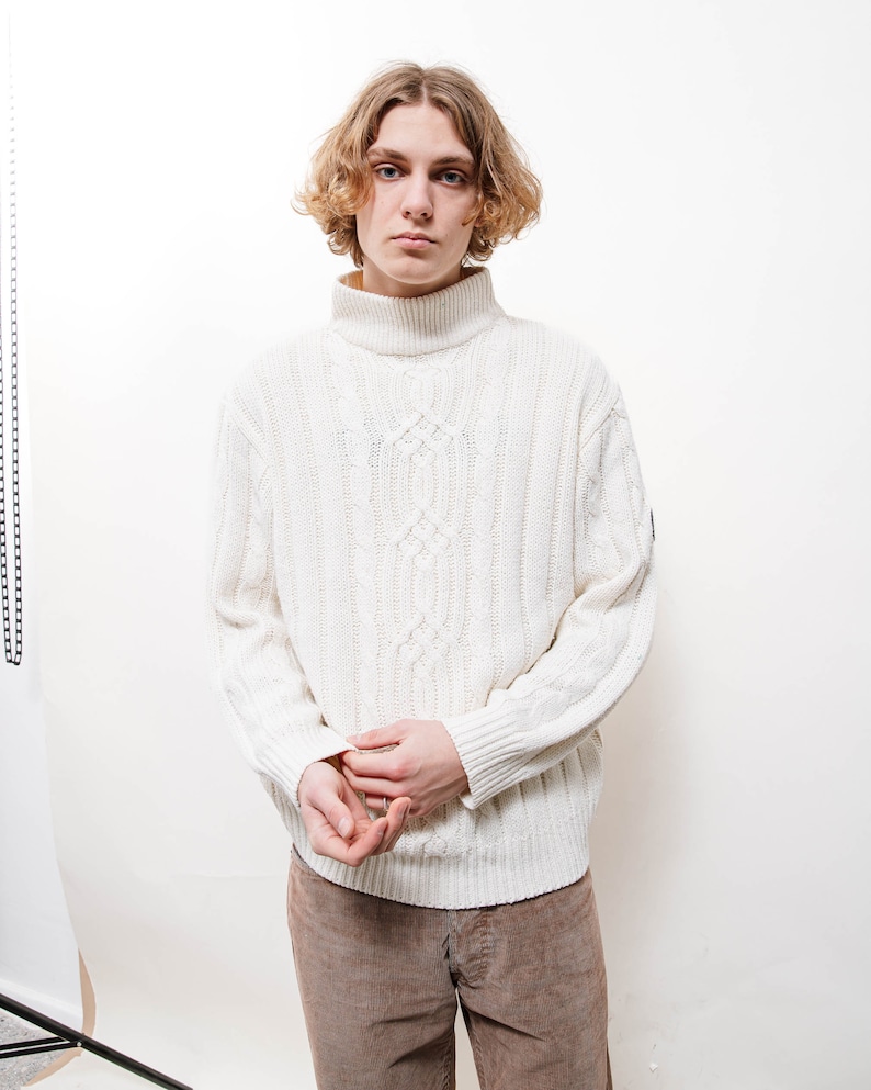Vintage Y2k Preppy White High Neck Cable Knit Jumper Men L