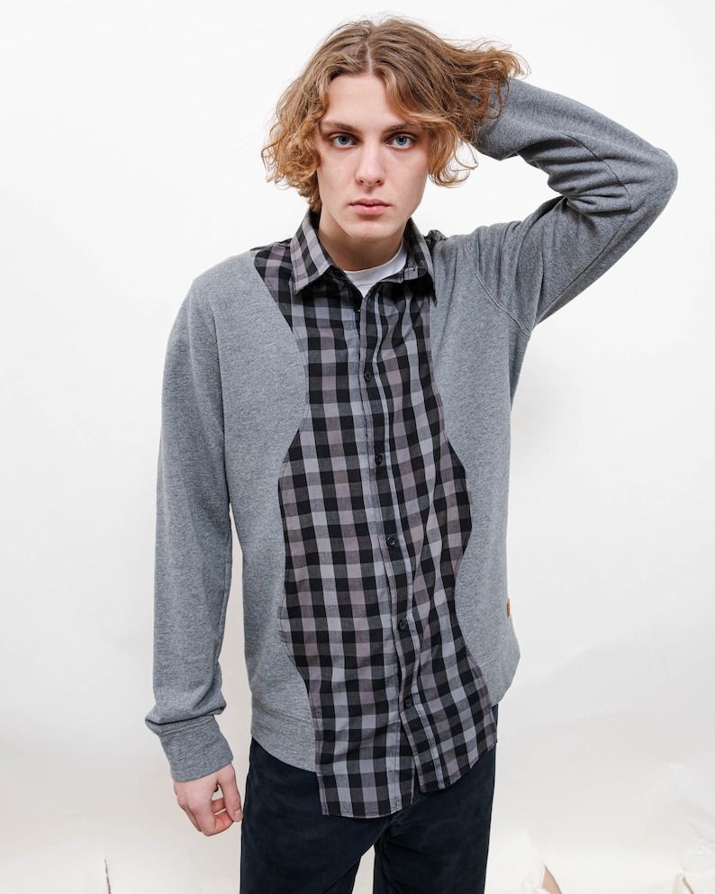 Vintage Reworked Grey Check Shirt Sweatshirt Sleeve Unisex M