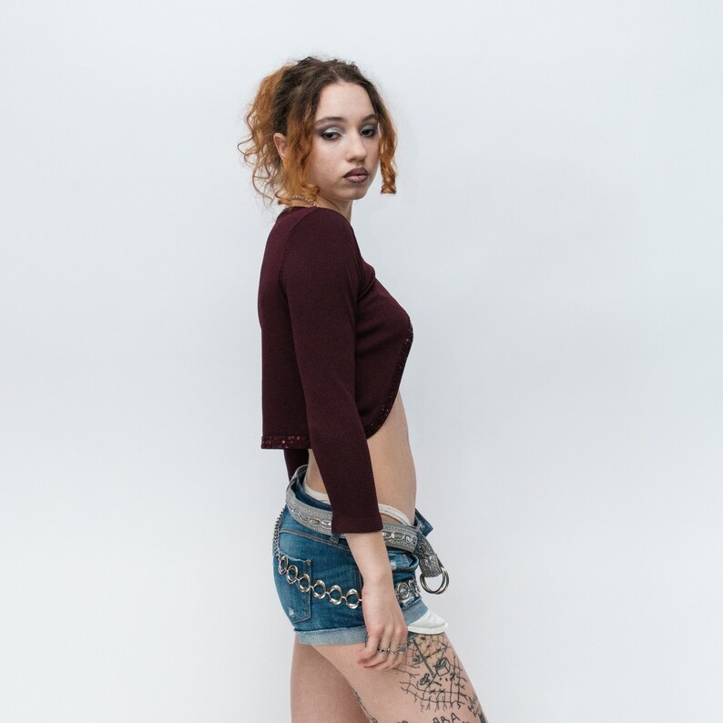 90s Vintage retro embellished tiny cardigan in burgundy